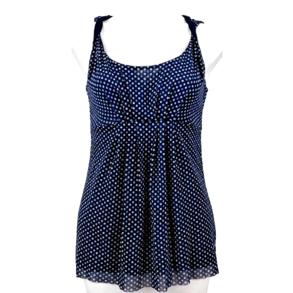 New York & Co Navy & Teal Polka Dot Twist Front Tank Top Size M